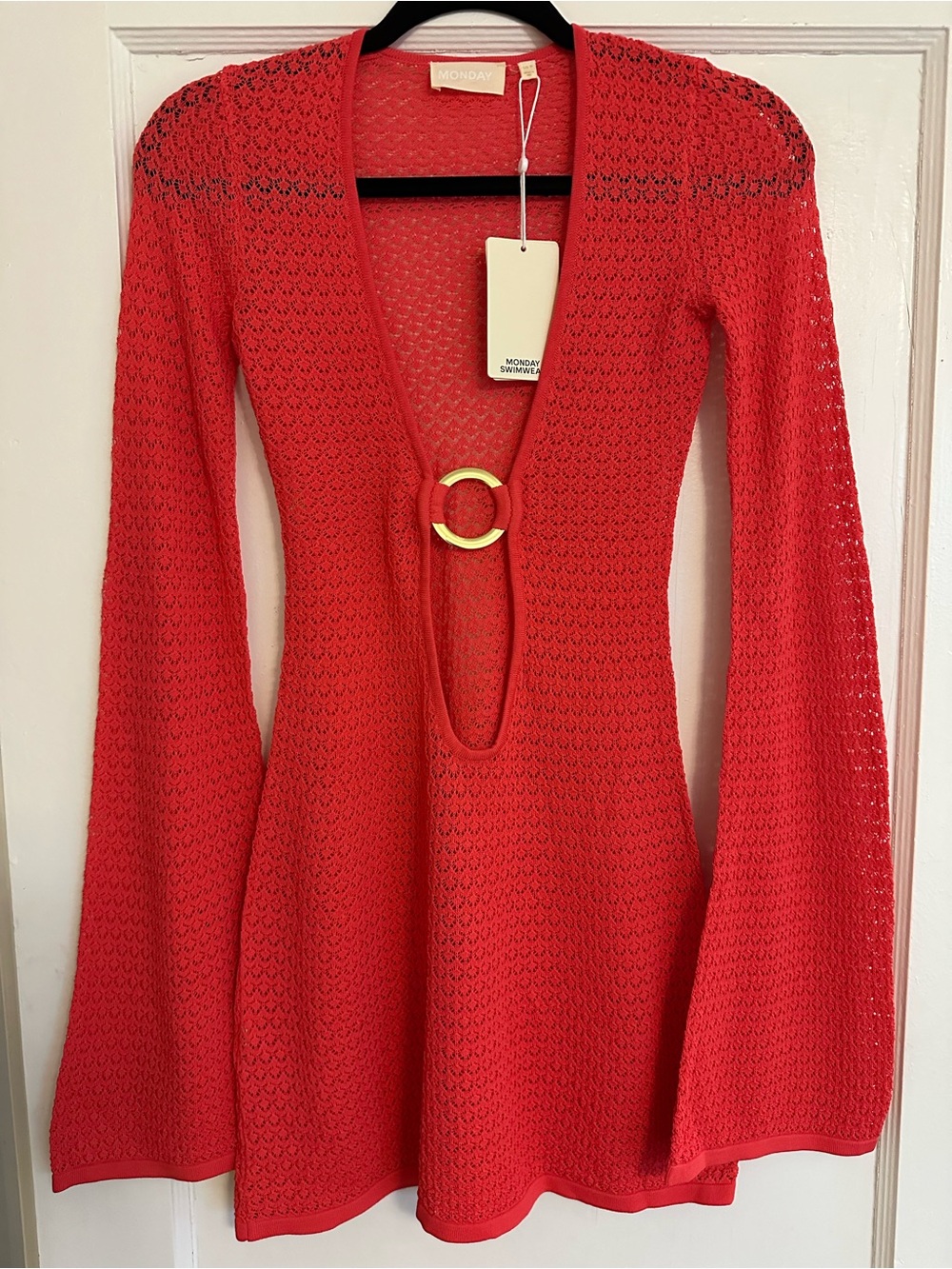 Monday Swimwear Red Crochet Deep V Gold Ring Mini Montego Dress- comes with tag